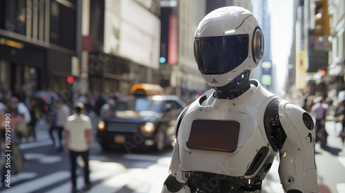 Humanoid robot police officer directing traffic in urban setting