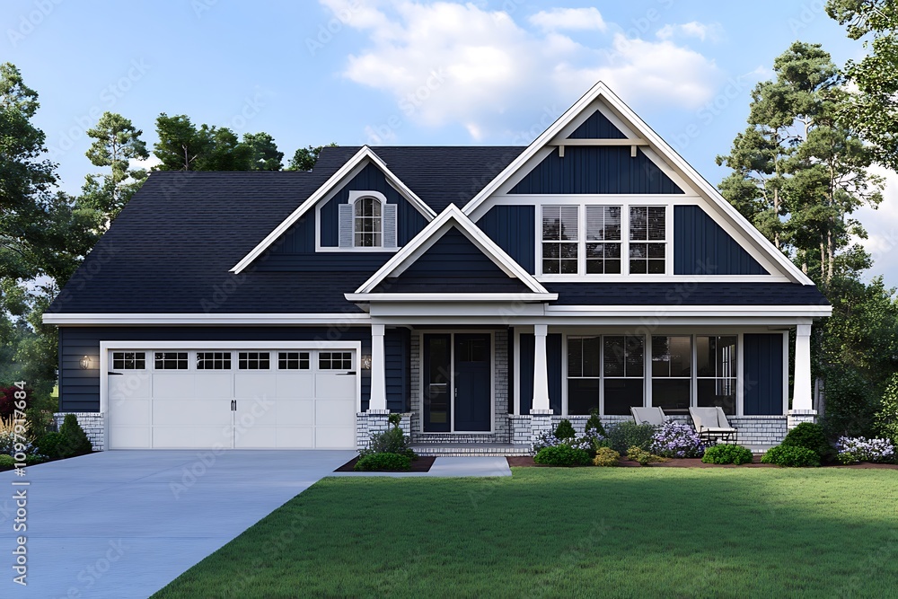 Obraz premium New Craftsman-style cottage home with white trim, front yard with green grass and paver walkway