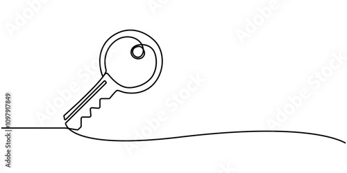 One line drawing of big key isolated on white background. continuous line drawing of key vector illustration one line style, Security concept continuous line art. Editable outline. Vector minimalist 