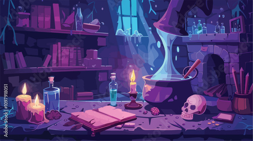 Young witch cooking potion in old dungeon. Vector car