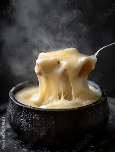 une fourchette avec un morceau de pain recouvert de fondue savoyarde qui coule, une bouche en second plan flou pour la manger, devant un fond noir,generative ai photo