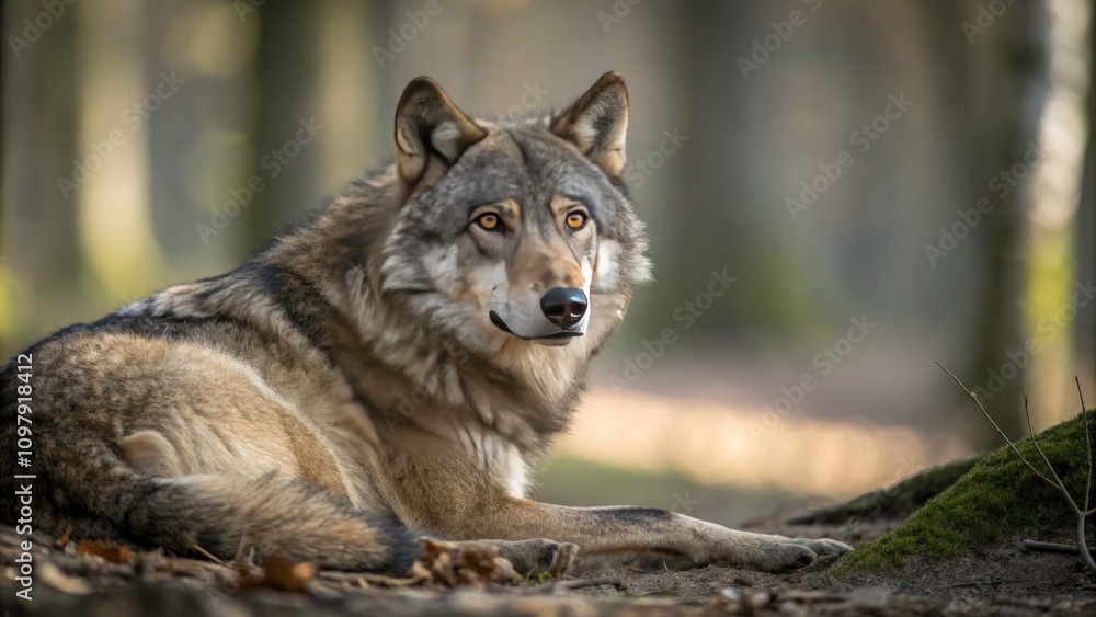 Fototapeta premium Intense Wolf Gaze in the Wild - Majestic Canine Portrait with Strong Presence and Natural Habitat