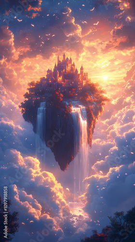 Fantasy castle floating among clouds, with waterfalls cascading from the castle and golden light illuminating the scene, anime style, wallpaper photo