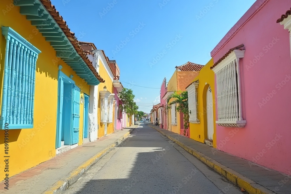 Fototapeta premium Colorful houses along the street in Cartagena