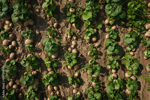 top view of potato tubers on ground in field