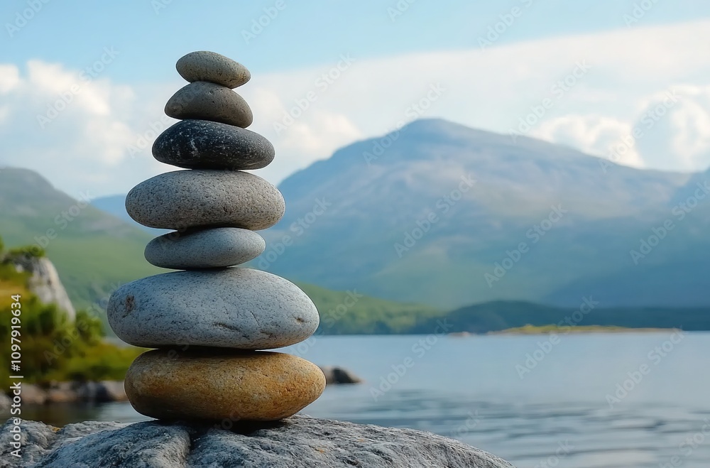 Photo of a stack of smooth rocks balanced on top of each other, with mountains and water in the background. Photo of a stack of smooth rocks balanced on top of each other, with mountains and water in the background.