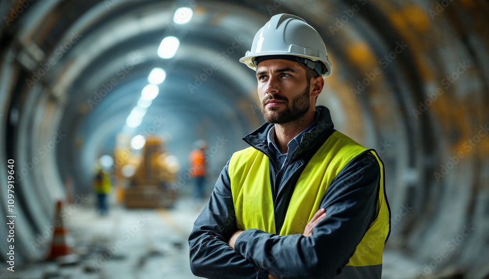 A confident construction engineer stands in an illuminated metro tunnel amid active work.
A confident construction engineer stands in an illuminated metro tunnel amid active work.