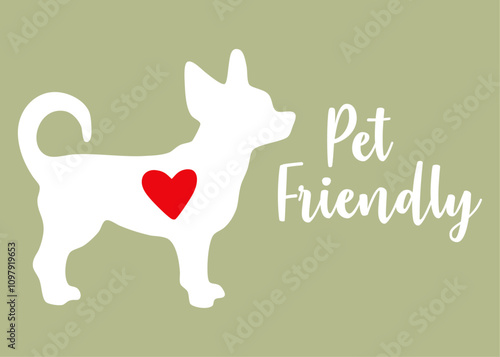 Banner con mensaje pet friendly con silueta de perro de raza chihuahua y corazón 