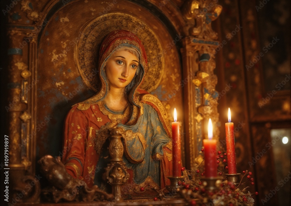 Religious icon of the Virgin Mary, sacred mood, candlelit altar, ornate artwork with warm colors Religious icon of the Virgin Mary, sacred mood, candlelit altar, ornate artwork with warm colors