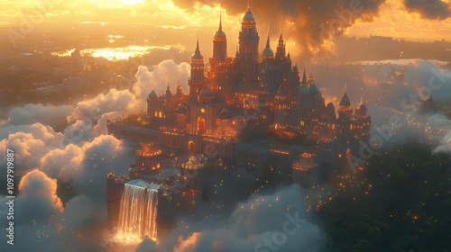 Fantasy castle floating among clouds, with waterfalls cascading from the castle and golden light illuminating the scene, anime style, wallpaper photo