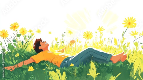 a 2D cartoon illustration of a person enjoying a book in a garden chair, relaxed and happy, white background--ar 16:9