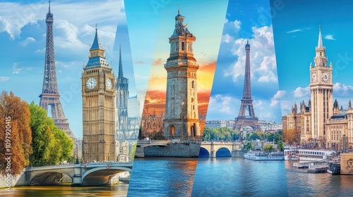 Iconic European Landmarks: A Panoramic Collage of Paris, London's Big Ben, and more!