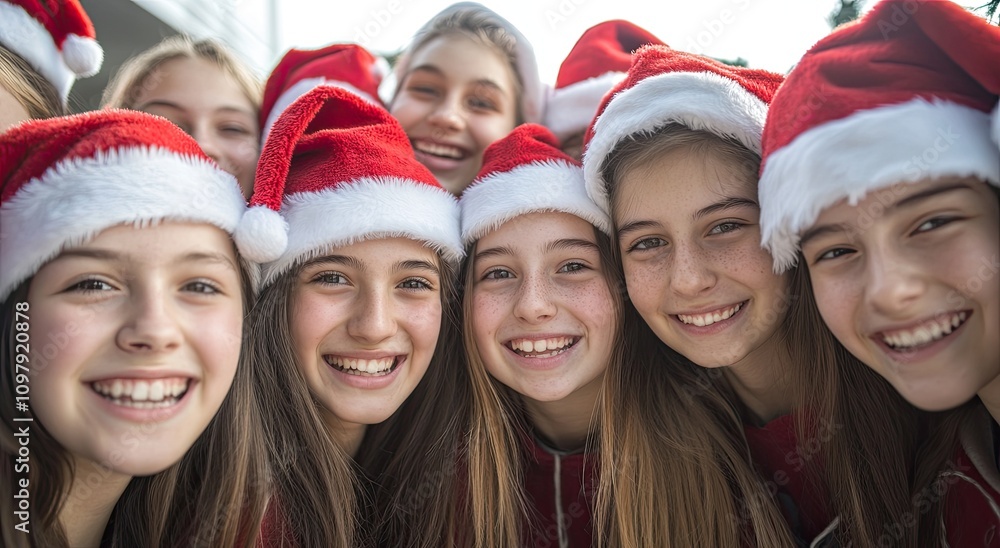 A group of high school girls wearing Santa hats, smiling for the camera at a Christmas party A group of high school girls wearing Santa hats, smiling for the camera at a Christmas party