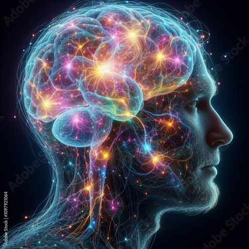 A dynamic illustration of the human brain, viewed from the side, showcasing vibrant neural networks and illuminated brain regions. This artwork symbolizes advanced brain function and futuristic