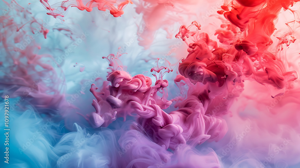 Fototapeta premium Vibrant Swirls of Colorful Ink Flowing in Water Create an Abstract Art Design with Shades of Red, Pink, and Blue for Creative Backgrounds and Visuals