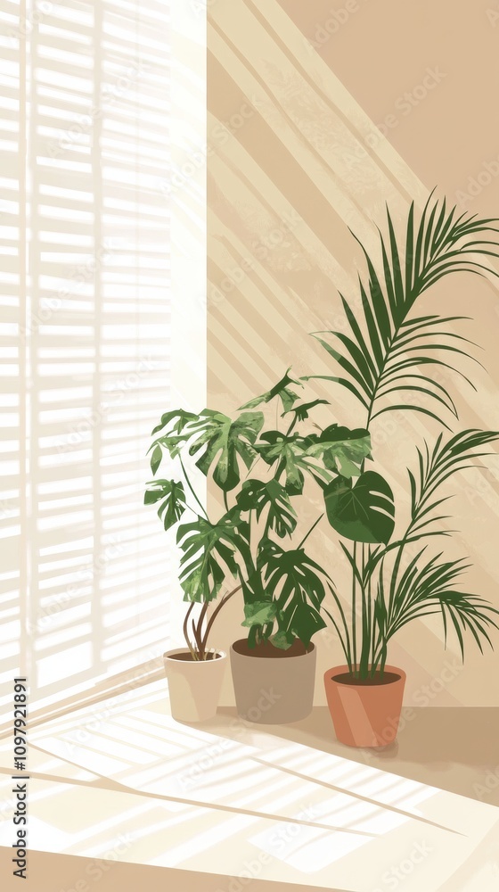 Sunlit corner with potted plants casting gentle shadows on the wall, AI Sunlit corner with potted plants casting gentle shadows on the wall, AI