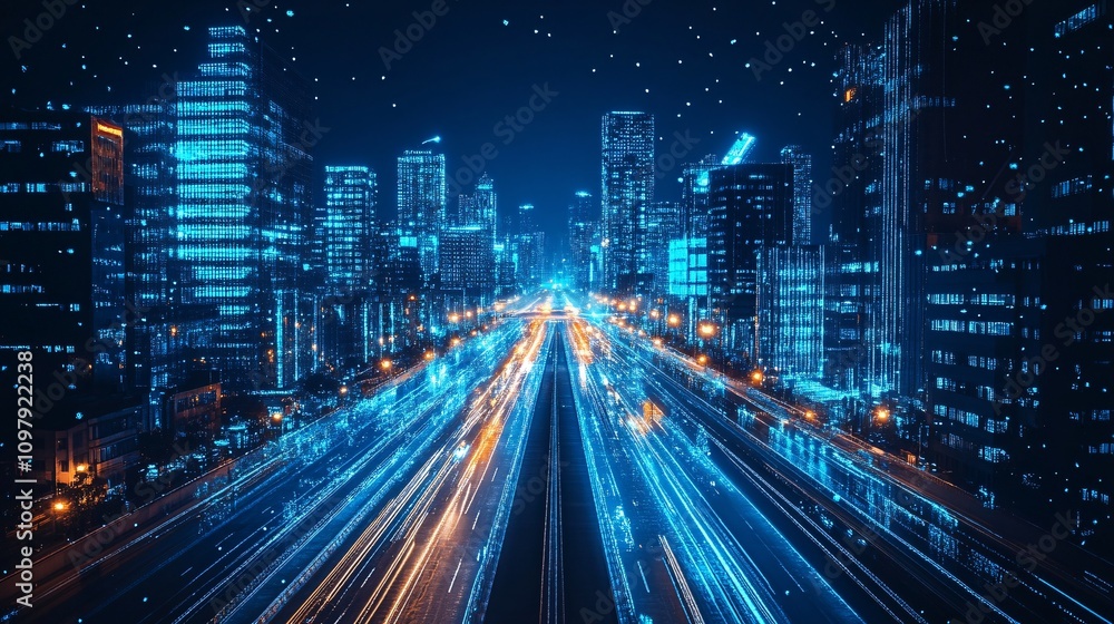 Fototapeta premium tron legacy, blue neon light ambience city, long wide road, wide perspective angle