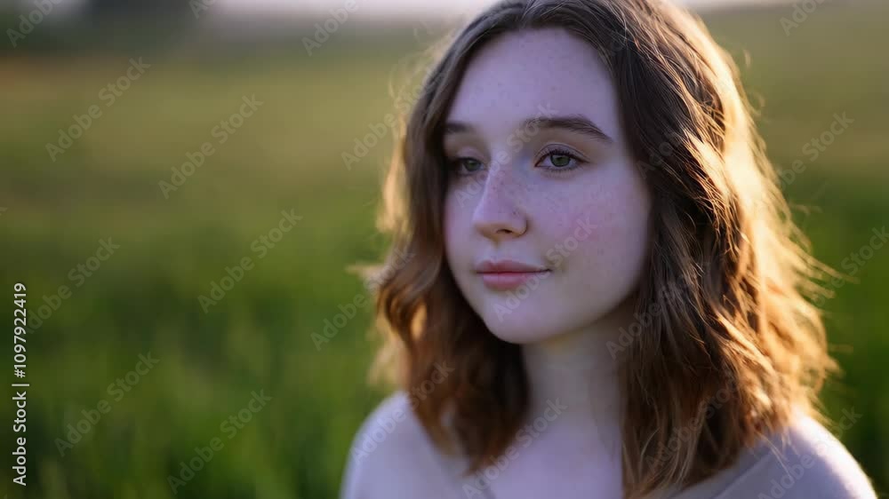 Morning light bathes a vast green field and distant hills, creating a serene atmosphere as a White woman thinking deeply Morning light bathes a vast green field and distant hills, creating a serene atmosphere as a White woman thinking deeply