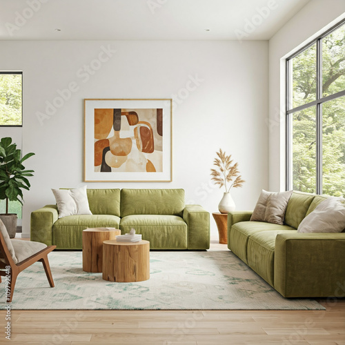 Wallpaper Mural modern and inviting living room with a focus on natural elements and a touch of retro charm. A large, L-shaped sectional sofa in a vibrant green hue dominates the space, creating a comfortable seating Torontodigital.ca