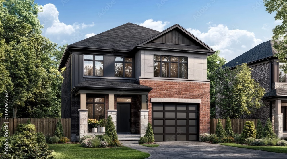 An architectural rendering of a contemporary two-story house with one garage in front, featuring a dark grey and light brown color theme. An architectural rendering of a contemporary two-story house with one garage in front, featuring a dark grey and light brown color theme.