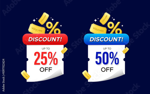 Discount up to twenty five and fifty percent off voucher coupon banner design. Vector design for promo, marketing, promotion, sale, discount, online sale, web, marketplace or social media. 