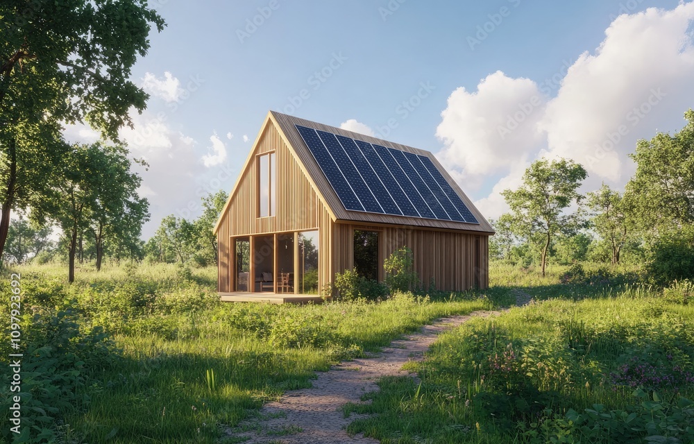 A small wooden house with solar panels on the roof stands in front of green trees and blue sky, with its exterior painted brown A small wooden house with solar panels on the roof stands in front of green trees and blue sky, with its exterior painted brown