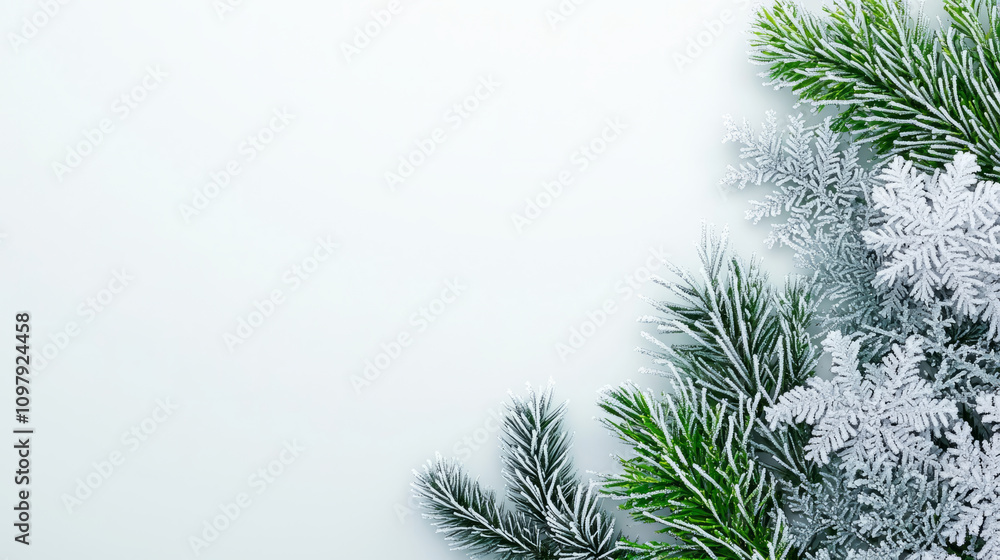 Obraz premium Frosted pine branches and snowflakes create serene winter scene, evoking sense of tranquility and beauty of nature in cold season