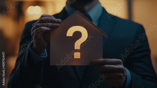 Business man holding paper house with question sign

 photo