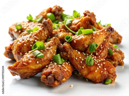 Crispy Chinese Chicken Wings on White Background - Delicious Asian Cuisine, Appetizing Snack, Irresistible Flavor, Perfectly Cooked, Golden Brown, Food Photography, Culinary Delight