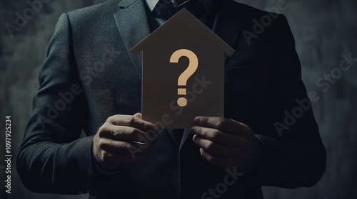 Business man holding paper house with question sign

 photo