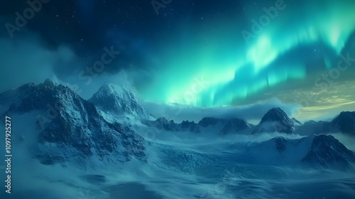 Snowy Mountain Range Under a Vibrant Aurora Borealis Display