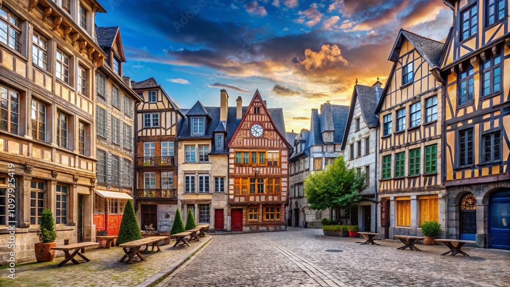 Fototapeta premium Minimalist Photography of Medieval Square with Charming Houses in Rouen, Normandy, Showcasing Historic Architecture and Cobblestone Streets of Old Town