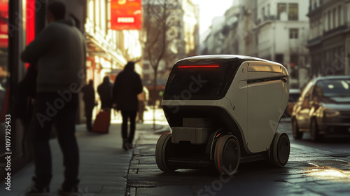 Wallpaper Mural Urban humanoid robot delivering packages with sleek design and LED indicators in busy city setting Torontodigital.ca