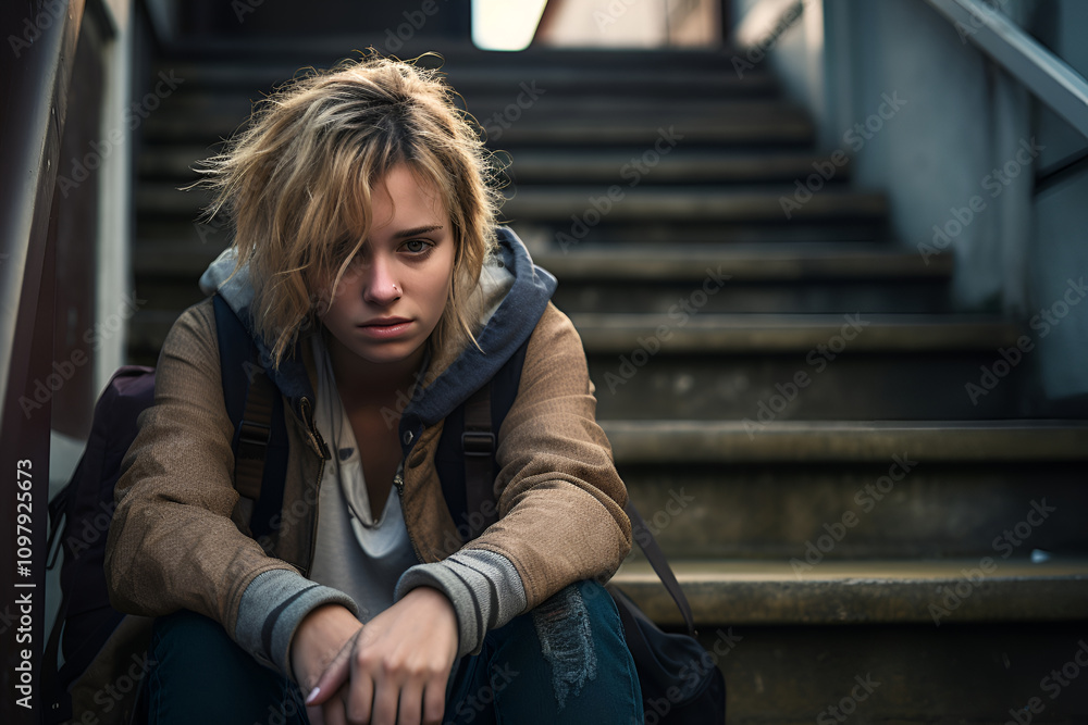 Sad depressed young woman sitting on stairs in urban environment Sad depressed young woman sitting on stairs in urban environment