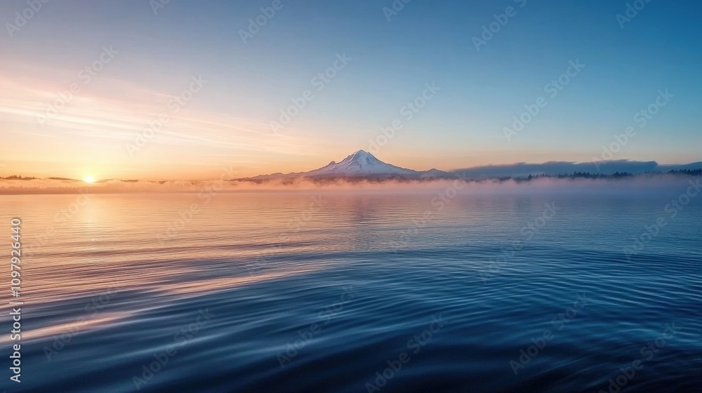 Mount Rainier. Sunrise Ferry Crossing Puget Sound with Spectacular Washington Landscape View Mount Rainier. Sunrise Ferry Crossing Puget Sound with Spectacular Washington Landscape View