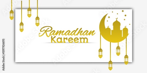 Ramadan Kareem greeting card with white background and golden yellow Ramadan Kareem text
