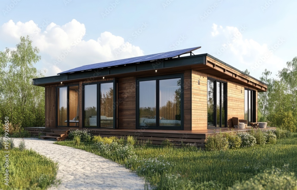 A small wooden house with large windows, covered by solar panels on the roof and surrounded by greenery under clear blue skies A small wooden house with large windows, covered by solar panels on the roof and surrounded by greenery under clear blue skies