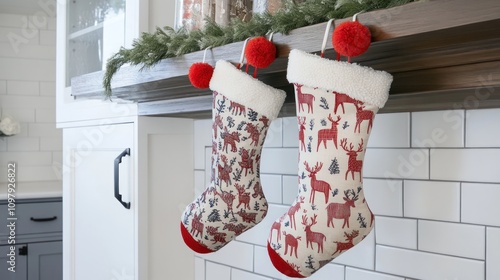 Festive stockings with reindeer patterns and pom-poms on a farmhouse-style mantel photo