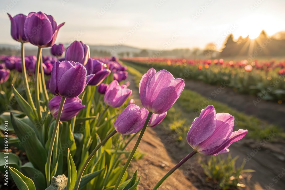 Fototapeta premium Stunning Purple Tulip Fields in Spring Sunshine - Vibrant Floral Background for Banners and Headers, Celebrating Nature's Beauty in Blooming Tulips