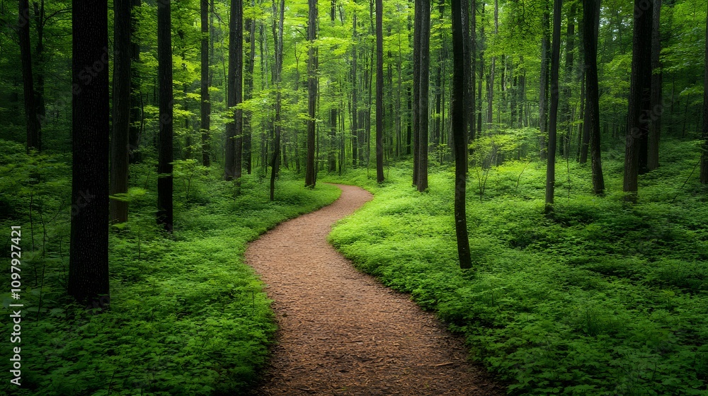 Fototapeta premium A tranquil forest path winding through lush green trees.