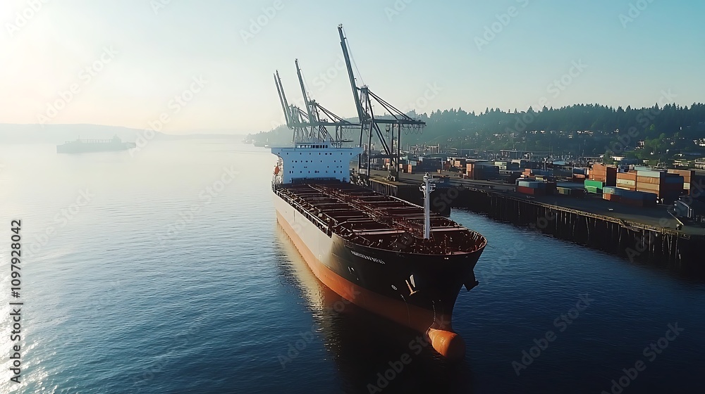 Obraz premium A large cargo ship docked at a port with cranes and containers in the background.