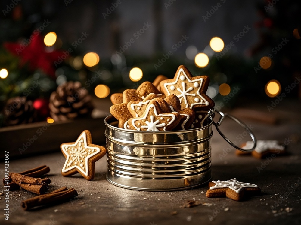 Christmas gingerbread stars cookies in a can on a dark background. Close-up.