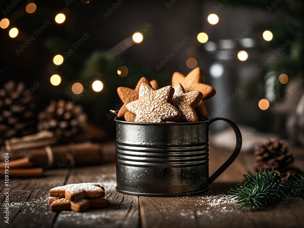 Christmas gingerbread stars cookies in a can on a dark background. Close-up.
