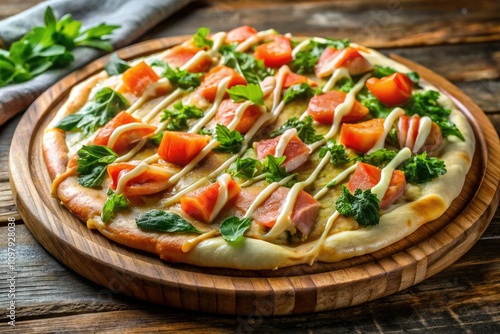 Gourmet Pizza with Fresh Salmon and Tuna on Wooden Board, Culinary Delights, Seafood Pizza, Food Art, Gourmet Cuisine, Appetizing Presentation, Fresh Ingredients, Healthy Eating, Tasty Treats photo