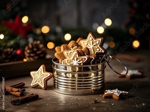 Obraz na płótnie Christmas gingerbread stars cookies in a can on a dark background. Close-up. w salonie