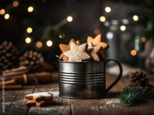 Obraz na płótnie Christmas gingerbread stars cookies in a can on a dark background. Close-up. w salonie