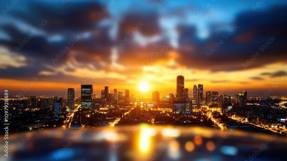 Fototapeta premium A city skyline with a beautiful sunset in the background
