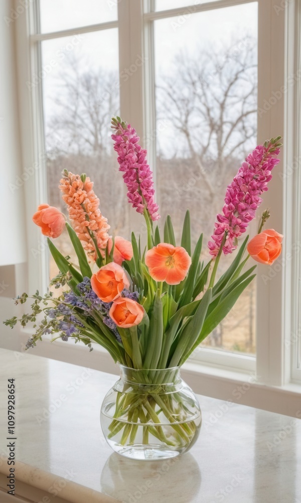 clear glass vase filled with a bouquet of flowers. The arrangement includes tall, pink hyacinths and bright orange tulips with green leaves. The vase is placed on a light-colored surface clear glass vase filled with a bouquet of flowers. The arrangement includes tall, pink hyacinths and bright orange tulips with green leaves. The vase is placed on a light-colored surface