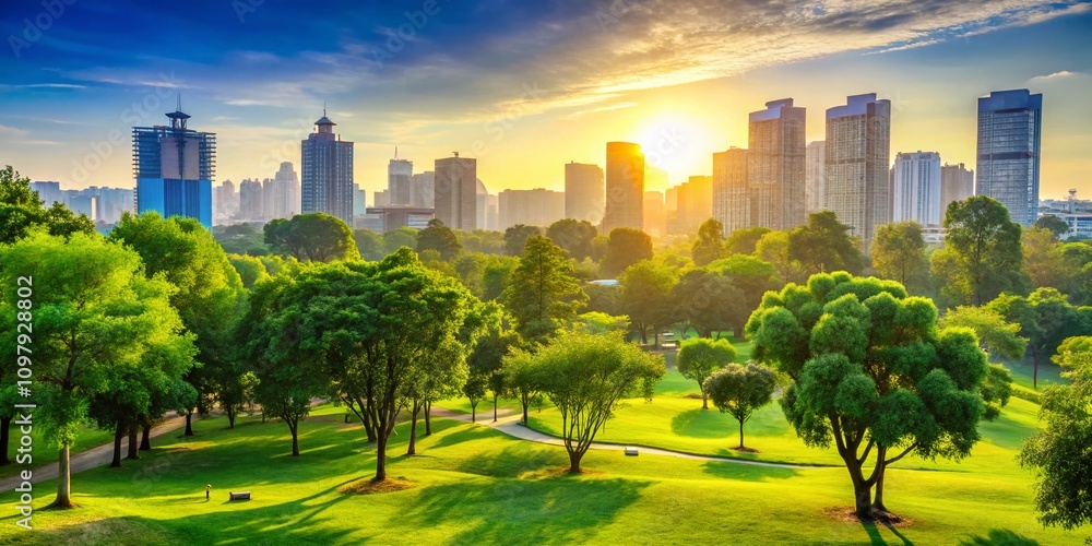 Fototapeta premium Modern City Park Outdoors Silhouette with Green Trees Against White Sky for Eco Town Background, Perfect for Nature and Urban Lifestyle Concepts