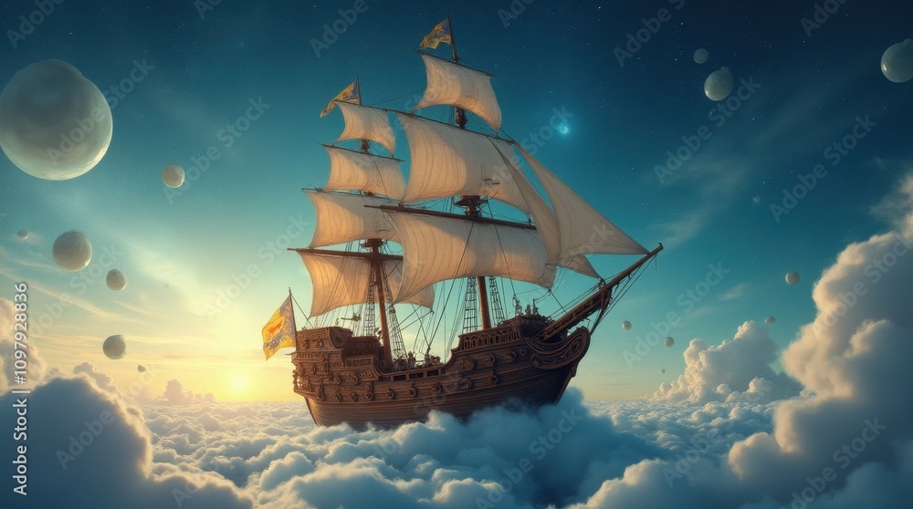 Fototapeta premium Pirate Ship Sailing Through the Clouds